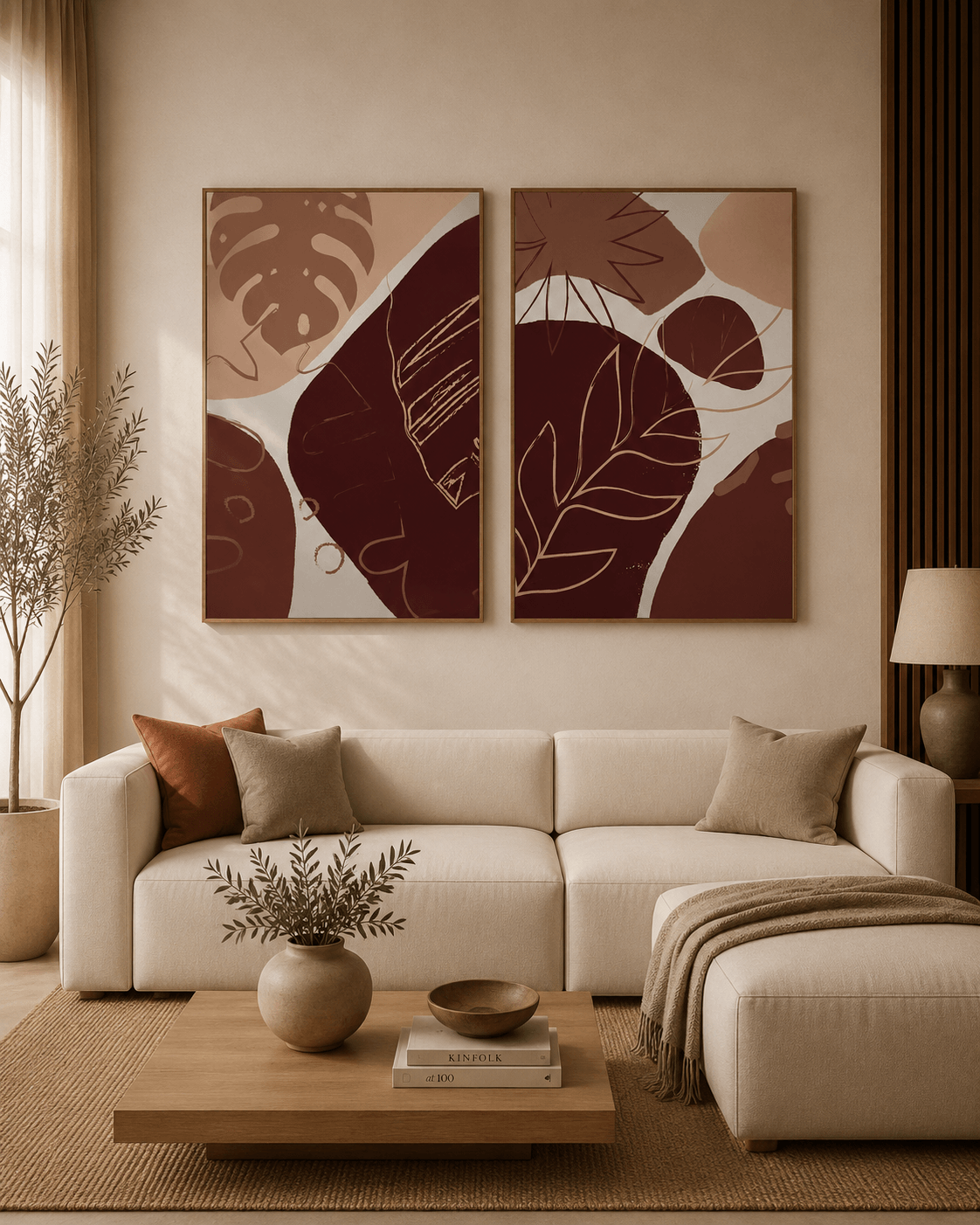 KIT 2 QUADROS DECORATIVOS - ABSTRATO FOLHAGEM TERRACOTA